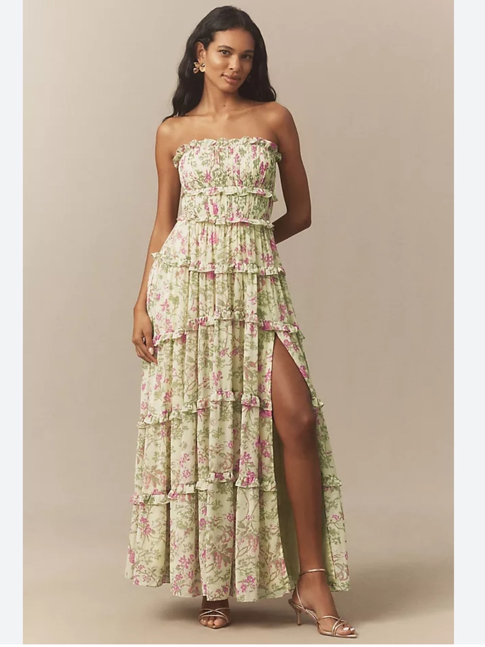 BHLDN Floral Chiffon Strapless Ruched Tiered Floral Maxi Dress